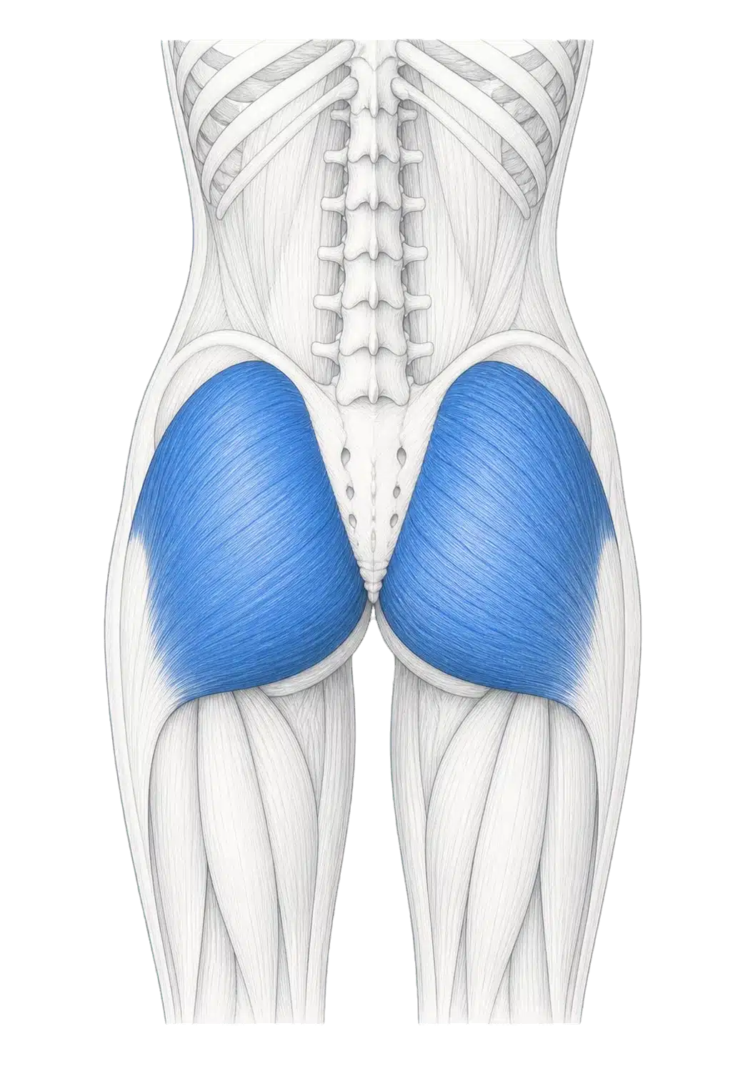 Posterior anatomical illustration highlighting the gluteus maximus muscles in blue
