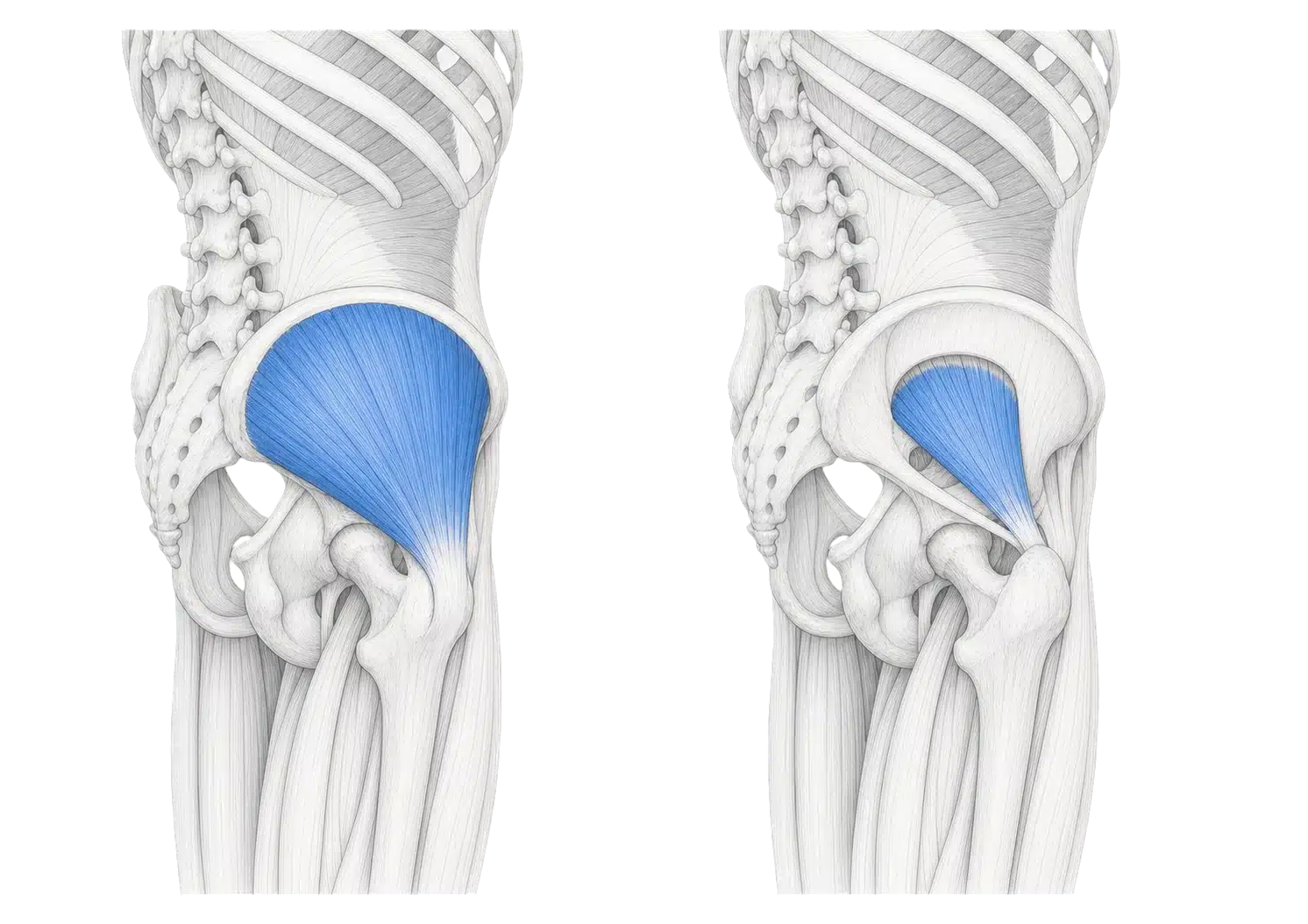 Two anatomical illustrations of the outer hip highlighting the gluteus medius and gluteus minimus in blue