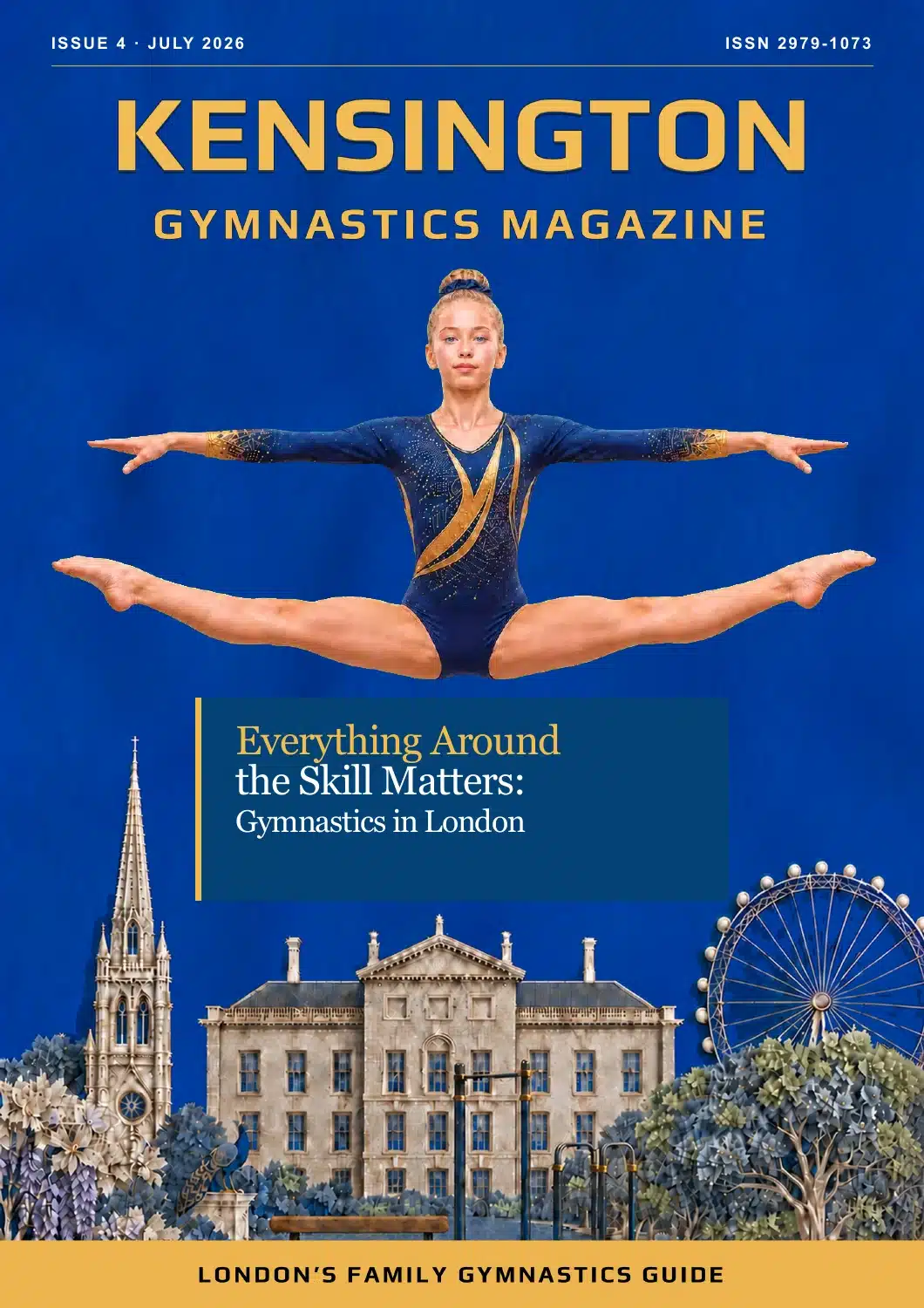 Cover of Kensington Gymnastics Magazine Issue 4, featuring Chelsea performing a straddle jump above Kensington Palace, a church spire and the London Eye