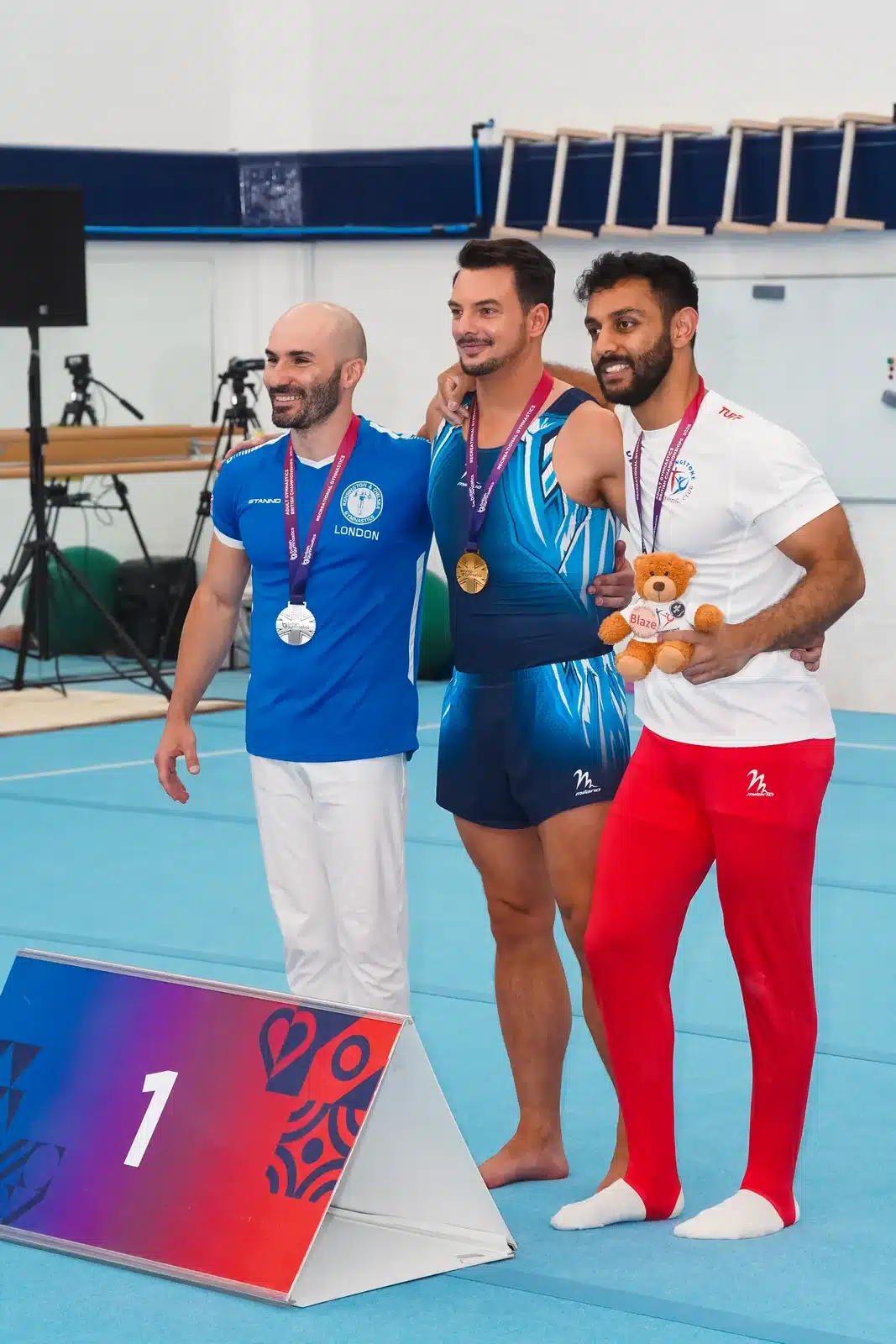 The MAG Pro Over-30 all-around podium at the 2026 Adult Gymnastics British Championships