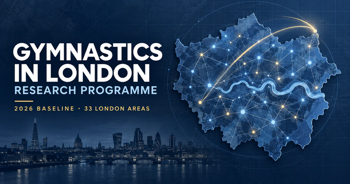 Gymnastics in London Research Programme — 2026 baseline across 33 London areas, illustrated with a stylised London map and research network.