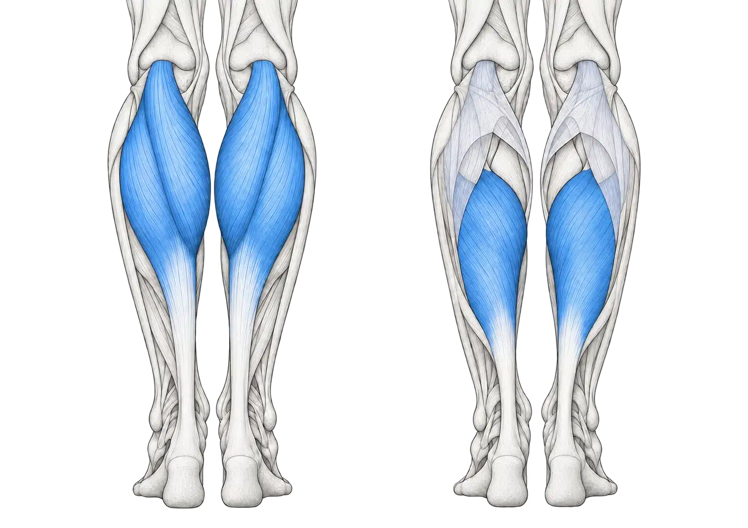Posterior anatomical illustration highlighting gastrocnemius and soleus in the calf complex.