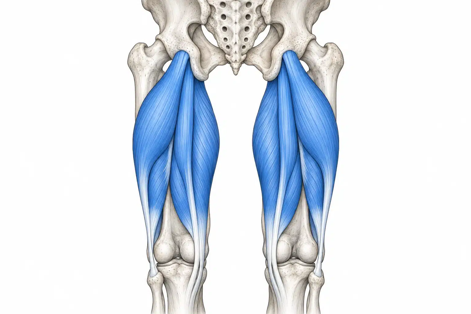 Posterior-view anatomical illustration highlighting the hamstring muscles at the back of the thigh.