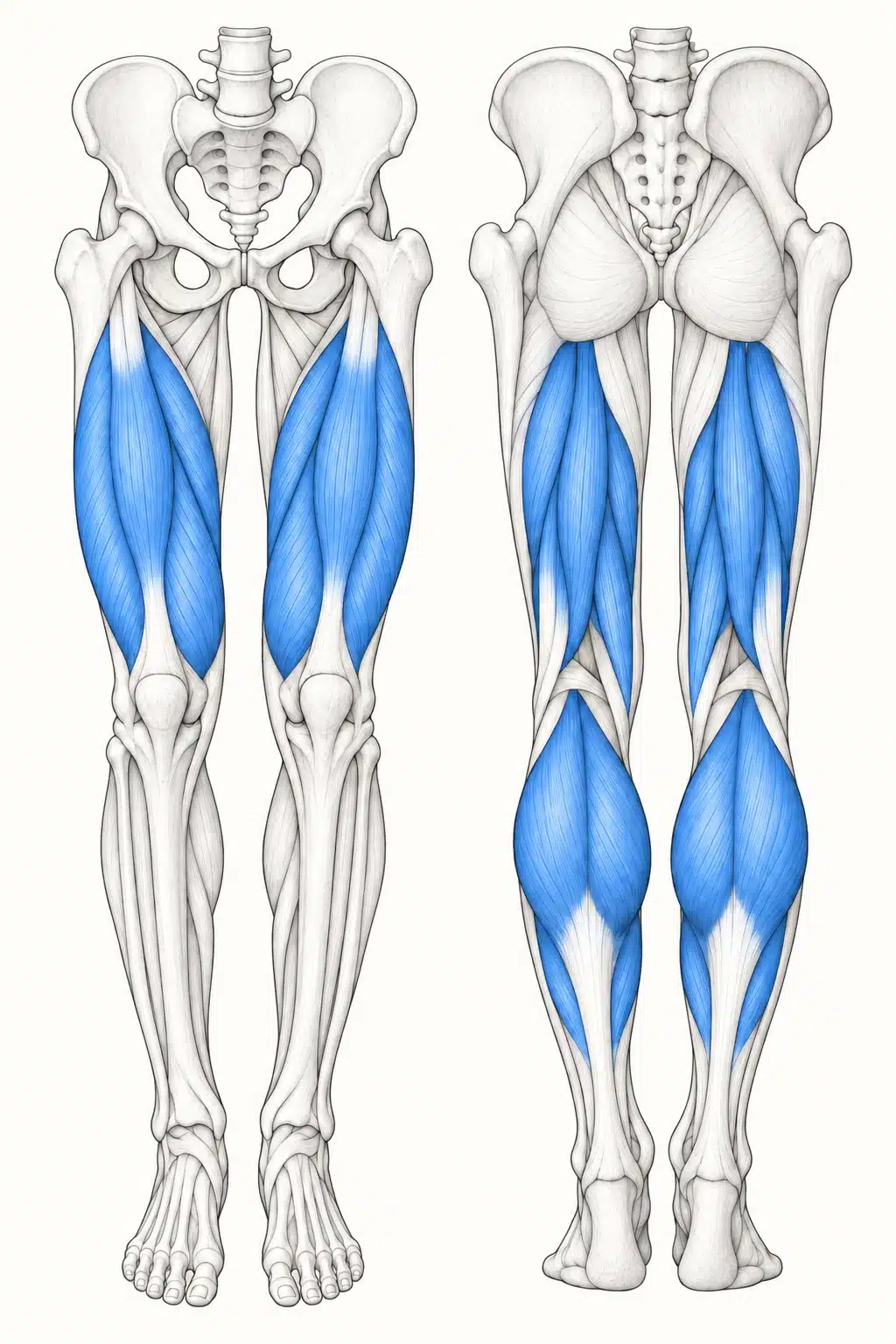 Anatomical illustration of the quadriceps, hamstrings and calf muscles in the connected lower-limb system.