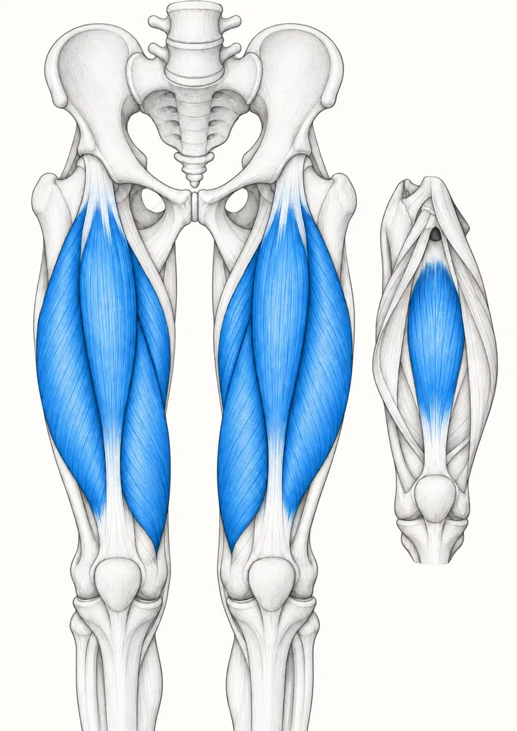 Front-view anatomical illustration highlighting the four parts of the quadriceps at the front of the thigh.