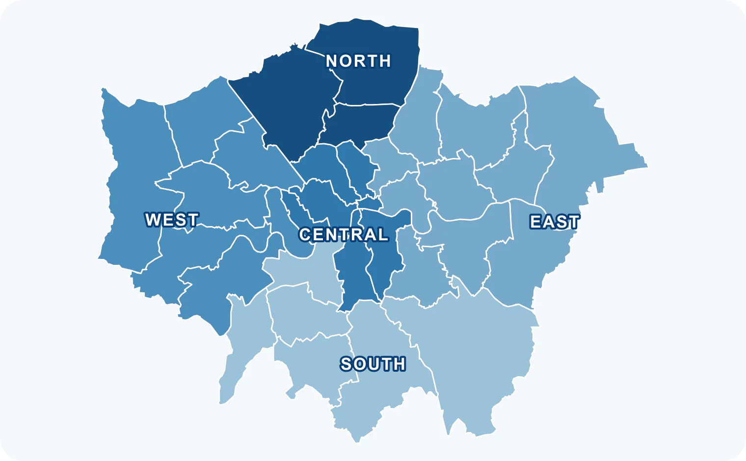Map of Greater London boroughs grouped into five developing Community Competition zones: Central, East, North, South and West.