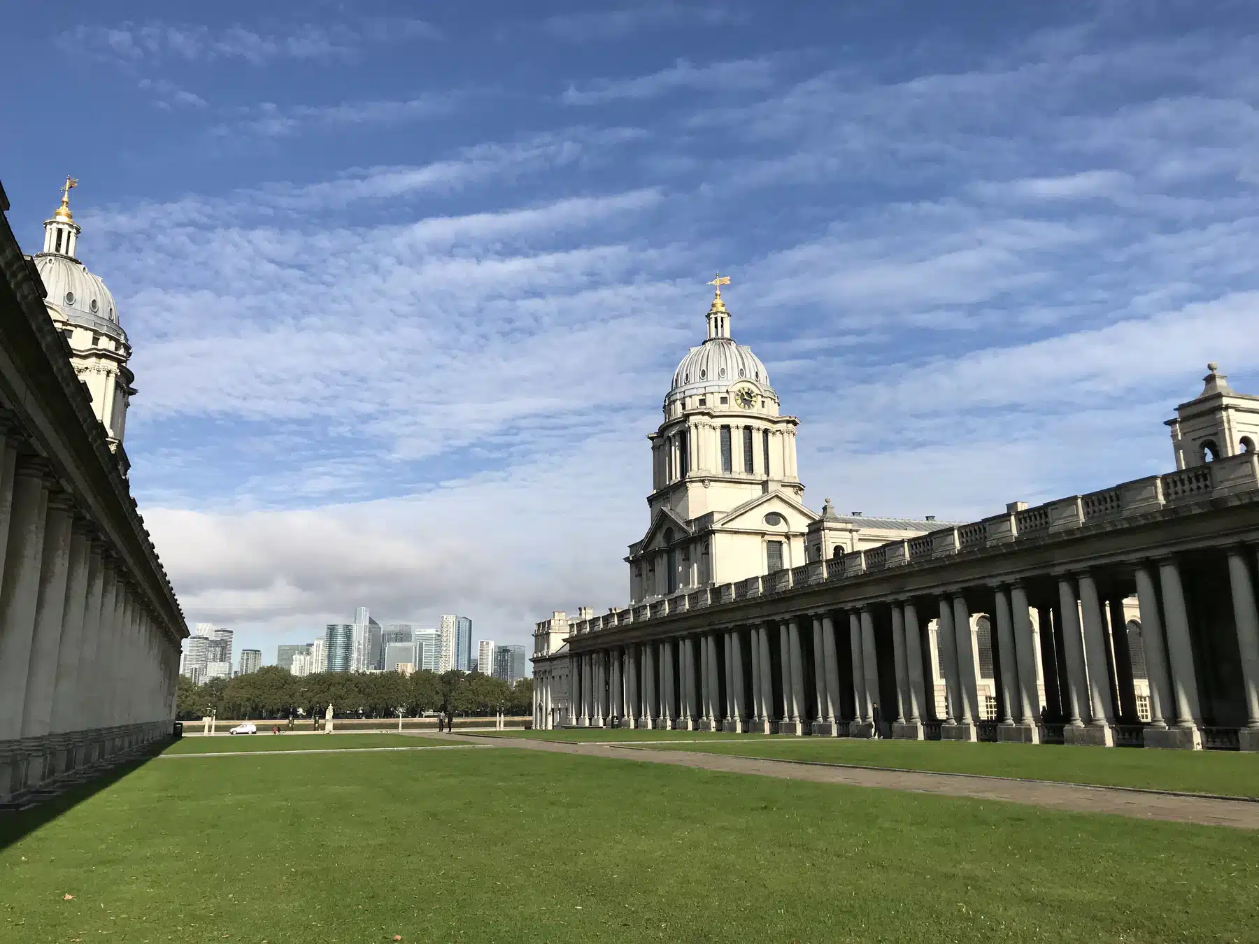 The Old Royal Naval College buildings and lawn at the University of Greenwich campus in London.